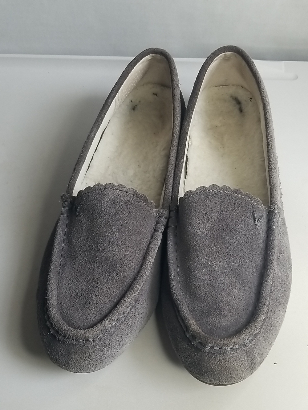 Vionic Gray Suede Fleece-Lined Moccasin Slippers